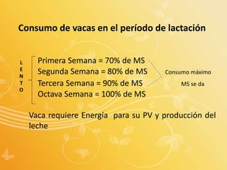 Consumo de vacas en el período de lactación
Primera Semana = 70% de MS
Segunda Semana = 80% de MS Consumo máximo
Tercera Semana = 90% de MS MS se da
Octava Semana = 100% de MS
Vaca requiere Energía para su PV y producción del
leche
L
E
N
T
O
 