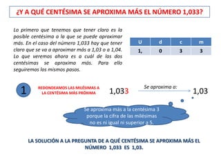 ¿Y A QUÉ CENTÉSIMA SE APROXIMA MÁS EL NÚMERO 1,033?

Lo primero que tenemos que tener claro es la
posible centésima a la que se puede aproximar
más. En el caso del número 1,033 hay que tener        U          d          c    m
claro que se va a aproximar más a 1,03 o a 1,04.      1,         0          3    3
Lo que veremos ahora es a cuál de las dos
centésimas se aproxima más. Para ello
seguiremos los mismos pasos.


                                                           Se aproxima a:
   1      REDONDEAMOS LAS MILÉSIMAS A
            LA CENTÉSIMA MÁS PRÓXIMA      1,033                                 1,03

                               Se aproxima más a la centésima 3
                                porque la cifra de las milésimas
                                 no es ni igual ni superior a 5.


       LA SOLUCIÓN A LA PREGUNTA DE A QUÉ CENTÉSIMA SE APROXIMA MÁS EL
                            NÚMERO 1,033 ES 1,03.
 