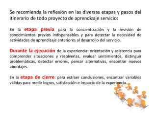 Se recomienda la reflexión en las diversas etapas y pasos del
itinerario de todo proyecto de aprendizaje servicio:

En la etapa previa para la concientización y la revisión de
conocimientos previos indispensables y para detectar la necesidad de
actividades de aprendizaje anteriores al desarrollo del servicio.

Durante la ejecución de la experiencia: orientación y asistencia para
comprender situaciones y resolverlas, evaluar sentimientos, distinguir
problemáticas, detectar errores, pensar alternativas, encontrar nuevos
abordajes.

En la etapa de cierre: para extraer conclusiones, encontrar variables
válidas para medir logros, satisfacción e impacto de la experiencia.
 