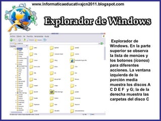 Explorador de Windows. En la parte superior se observa la lista de menúes y los botones ( íconos ) para diferentes acciones. La ventana izquierda de la porción media muestra los discos A C D E F  y G; la de la derecha muestra las carpetas del disco C  