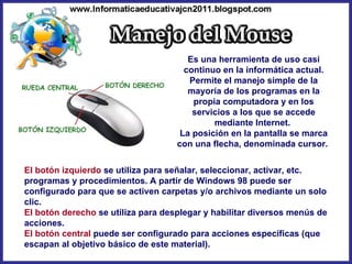 Es una herramienta de uso casi continuo en la informática actual. Permite el manejo simple de la mayoría de los programas en la propia computadora y en los servicios a los que se accede mediante Internet.  La posición en la pantalla se marca con una flecha, denominada cursor.  El botón izquierdo  se utiliza para señalar, seleccionar, activar, etc. programas y procedimientos. A partir de Windows 98 puede ser configurado para que se activen carpetas y/o archivos mediante un solo clic. El botón derecho  se utiliza para desplegar y habilitar diversos menús de acciones. El botón central  puede ser configurado para acciones específicas (que escapan al objetivo básico de este material). 