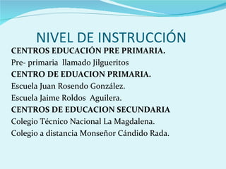NIVEL DE INSTRUCCIÓN
CENTROS EDUCACIÓN PRE PRIMARIA.
Pre- primaria llamado Jilgueritos
CENTRO DE EDUACION PRIMARIA.
Escuela Juan Rosendo González.
Escuela Jaime Roldos Aguilera.
CENTROS DE EDUCACION SECUNDARIA
Colegio Técnico Nacional La Magdalena.
Colegio a distancia Monseñor Cándido Rada.
 