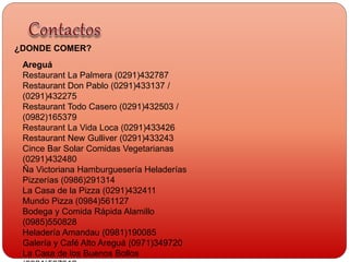 ¿DONDE COMER?
Areguá
Restaurant La Palmera (0291)432787
Restaurant Don Pablo (0291)433137 /
(0291)432275
Restaurant Todo Casero (0291)432503 /
(0982)165379
Restaurant La Vida Loca (0291)433426
Restaurant New Gulliver (0291)433243
Cince Bar Solar Comidas Vegetarianas
(0291)432480
Ña Victoriana Hamburguesería Heladerías
Pizzerías (0986)291314
La Casa de la Pizza (0291)432411
Mundo Pizza (0984)561127
Bodega y Comida Rápida Alamillo
(0985)550828
Heladería Amandau (0981)190085
Galería y Café Alto Areguá (0971)349720
La Casa de los Buenos Bollos
 