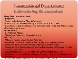 Abog. Blas Lanzoni Achinelli
PERSONAL
• Nacido en la Ciudad de Pirayú (Paraguari)
• Radicado en la Ciudad de Ñemby (Central) desde el año 1989.
• Casado con la Sra. Veronica Acosta con quien tiene 4 hijos Iara, Mayra, Lucas
y Martin Lanzoni Acosta.
PROFESIONAL
• De Profesión Abogado
• Maestría de Gobierno y Gerencia Publica
POLÍTICO
• Afiliado al Partido Liberal Radical Autentico
• Presidente del Comité Liberal de Ñemby (electo en 3 oportunidades)
• Intendente de la Ciudad de Ñemby (electo en 2 oportunidades)
• Presidente de la Coordinadora de Intendentes Liberales del Paraguay en dos
periodos consecutivos
• Diputado Nacional por el Departamento Central periodo 2008 – 2013
• Presidente de la Comisión de Industria, Comercio y Turismo de la Cámara de
Diputados
 