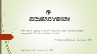 ORGANIZACIÓN DE LAS NACIONES UNIDAS
PARA LA AGRICULTURA Y LA ALIMENTACIÓN
Protección Social y Inclusión Productiva Rural: Innovación para
promover la Articulación Inter-sectorial
Arnoldo de Campos – Consultor FAO
Santiago, 19-21 de octubre 2016.
 