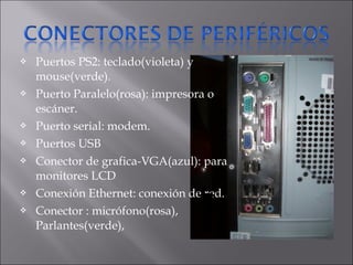 Puertos PS2: teclado(violeta) y
mouse(verde).
 Puerto Paralelo(rosa): impresora o
escáner.
 Puerto serial: modem.
 Puertos USB
 Conector de grafica-VGA(azul): para
monitores LCD
 Conexión Ethernet: conexión de red.
 Conector : micrófono(rosa),
Parlantes(verde),
 