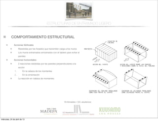 COMPORTAMIENTO ESTRUCTURAL
© infomadera + G.E. arquitectura
Acciones Verticales
Resistidas por los forjados que transmiten carga a los muros
Los muros entramados arriostrados con el tablero para evitar el
pandeo
Acciones horizontales:
2 reacciones resistidas por las paredes perpendiculares a la
acción
1. En la cabeza de los montantes
2. En la cimentación
La reacción en cabeza de montantes:
ESTRUCTURAS DE ENTRAMADO LIGERO
miércoles, 24 de abril de 13
 