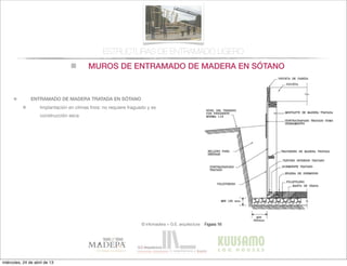 MUROS DE ENTRAMADO DE MADERA EN SÓTANO
© infomadera + G.E. arquitectura
ESTRUCTURAS DE ENTRAMADO LIGERO
ENTRAMADO DE MADERA TRATADA EN SÓTANO
Implantación en climas frios: no requiere fraguado y es
construcción seca
miércoles, 24 de abril de 13
 
