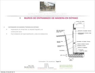 MUROS DE ENTRAMADO DE MADERA EN SÓTANO
© infomadera + G.E. arquitectura
ESTRUCTURAS DE ENTRAMADO LIGERO
ENTRAMADO DE MADERA TRATADA EN SÓTANO
Implantación en climas frios: no requiere fraguado y es
construcción seca
Facil instalación de impermeabilización y resto de instalaciones
miércoles, 24 de abril de 13
 