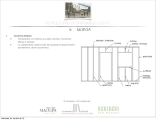 MUROS
© infomadera + G.E. arquitectura
ESTRUCTURAS DE ENTRAMADO LIGERO
GENERALIDADES
Compuestos por testeros, puntales, jambas, montantes,
alfeizar y dinteles
La calidad de la madera suele ser ajustada al requerimiento
del elemento: ahorro económico
miércoles, 24 de abril de 13
 