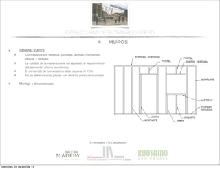 MUROS
© infomadera + G.E. arquitectura
ESTRUCTURAS DE ENTRAMADO LIGERO
GENERALIDADES
Compuestos por testeros, puntales, jambas, montantes,
alfeizar y dinteles
La calidad de la madera suele ser ajustada al requerimiento
del elemento: ahorro económico
El contenido de humedad no debe superar el 15%
No se debe mezclar piezas con distinto grado de humedad
Montaje y dimensionado
miércoles, 24 de abril de 13
 