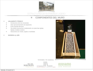 COMPONENTES DEL MURO
© infomadera + G.E. arquitectura
ESTRUCTURAS DE ENTRAMADO LIGERO
AISLAMIENTO TÉRMICO
Introducido entre los montantes
Gran aprovechamiento de espesores
Evita puentes tèrmicos
Se puede incrementar el aislamiento con planchas rígidas
ﬁjadas al tablero exterior
Soluciones con manta, rígidas o insuﬂadas
BARRERA AL AIRE
miércoles, 24 de abril de 13
 