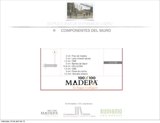 COMPONENTES DEL MURO
© infomadera + G.E. arquitectura
ESTRUCTURAS DE ENTRAMADO LIGERO
27,528,50,30
E
1,5 mm Biocalce exterior
4 cm Panel de corcho
1,5 cm OSB
14,8 cm CELULOSA
1,5 cm OSB
5 cm Lana mineral natural
2 cm Friso de madera
D
1,5 mm Biocalce exterior
4 cm Panel de corcho
1,5 cm OSB
14,8 cm CELULOSA
1,5 cm OSB
5 cm Lana mineral natural
1,5 cm PYL
3 cm Madera 135
2,5 cm Cámara de aire
1,5 cm OSB
14,8 cm CELULOSA
1,5 cm OSB
5 cm Lana mineral natural
0 cm Barrera de Vapor
0 cm Barrera de Vapor
0 cm Barrera de Vapor
0 cm Lámina impermeable transpirable
INT.
EXT.
INT.
EXT.
INT.
EXT.
U=0,139
U=0,140
U=0,163
miércoles, 24 de abril de 13
 