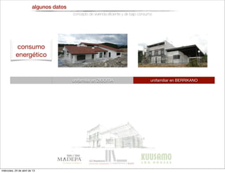 algunos datos
concepto de vivienda eﬁciente y de bajo consumo
unifamiliar en ZIGOITIA unifamiliar en BERRIKANO
caliﬁcación energética
U fachada
U forjado voladizo
U cubierta
U solera
A A
0,29 0,126
0,5 0,191
0,37 0,116
0,60 0,169
consumo
energético
miércoles, 24 de abril de 13
 