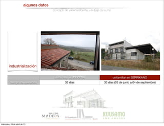 algunos datos
concepto de vivienda eﬁciente y de bajo consumo
unifamiliar en ZIGOITIA unifamiliar en BERRIKANO
tiempo de ejecución 33 días 33 días (26 de junio a 04 de septiembre)
industrialización
miércoles, 24 de abril de 13
 