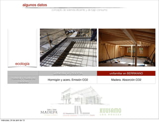 algunos datos
concepto de vivienda eﬁciente y de bajo consumo
unifamiliar en ZIGOITIA unifamiliar en BERRIKANO
material y huella de
carbono
Hormigón y acero. Emisión CO2 Madera. Absorción CO2
ecología
miércoles, 24 de abril de 13
 