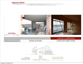 algunos datos
concepto de vivienda eﬁciente y de bajo consumo
unifamiliar en ZIGOITIA unifamiliar en BERRIKANO
construcción seca tiempos de secado construcción rápida y limpia
ecología
miércoles, 24 de abril de 13
 