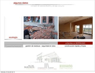 algunos datos
concepto de vivienda eﬁciente y de bajo consumo
unifamiliar en ZIGOITIA unifamiliar en BERRIKANO
gestión de residuos gestión de residuos - seguridad en obra construcción rápida y limpia
ecología
miércoles, 24 de abril de 13
 
