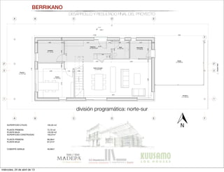 A B C D E
F
0,94
0,34
0,60 1,32
3,00
1,002,38
0,38 0,35 0,60 4,55
1,88
0,60
1,09
0,60
5,92
,60
0,92
1,12 0,90 1,12
0,170,89
1,25
0,60
0,58
0,42
0,74
0,97
0,39
0,60
Distribuidor
A: 10,17 m2
Baño 2
A: 5,30 m2
Baño 2
A: 4,73 m2
14
15
1,99
0,552,68
A
A
B
B
C
C
D
D
E
E
F
F
1 1
2' 2'
2 2
2,00
2,90 1,12
3,160,68
3,13
±0,00
-0.17
AlzadoEste
+581.7
Garaje
A: 27,53 m2
Porche 2
A: 21,94 m2
Disponible
A: 4,78 m2
Cocina
A: 14,75 m2
Lavadero
A: 7,13 m2
Vestíbulo
A: 9,24 m2
Salón-Comedor
A: 37,47 m2
Porche 1
A: 37,37 m2
Aseo
A: 3,81 m2
3,28
16x0,18=2,92
1
2
3
4
5
6
7
8
9
10
5,21
4,523,19
7,18
13,52 5,54
0,93
0,65
1,95
8,57
0,38 2,90 0,12 0,12 1,90 0,12 2,37 0,38
4,290,122,00
0,122,440,38
baja 1:50
BERRIKANO
DESARROLLO Y RESULTADO FINAL DEL PROYECTO
SUPERFICIES ÚTILES:
 193,30 m2
PLANTA PRIMERA	 72,70 m2
PLANTA BAJA	 120,59 m2
SUPERFICIES CONSTRUIDAS 	 193,07m2
PLANTA PRIMERA	 96,06m2
PLANTA BAJA 	 97,01m2
CUBIERTA GARAJE 	 49,99m2
división programática: norte-sur
miércoles, 24 de abril de 13
 