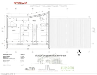 BERRIKANO
DESARROLLO Y RESULTADO FINAL DEL PROYECTO
SUPERFICIES ÚTILES:
 193,30 m2
PLANTA PRIMERA	 72,70 m2
PLANTA BAJA	 120,59 m2
SUPERFICIES CONSTRUIDAS 	 193,07m2
PLANTA PRIMERA	 96,06m2
PLANTA BAJA 	 97,01m2
CUBIERTA GARAJE 	 49,99m2
A
A
B
B
C
C
D
D
E
E
F
F
1 1
2' 2'
2 2
AlzadoEste
0,94
0,34
0,60 1,32
3,00
1,002,38
1,102,99
0,92
0,38 0,35 0,60 4,55
1,88
0,60
1,09
0,60
1,441,105,92
0,38 10,65 0,38
0,07 2,40 1,54 2,40 1,33 2,40
8,46
11,41
0,51 2,40
3,00
2,40
0,60
2,00 1,00 1,00 2,00
0,92
1,12 0,90 1,12
0,170,89
1,25
0,60
0,58
0,42
0,74
0,97
0,39
0,60
0,09 0,500,07 2,40
Distribuidor
A: 10,17 m2
Terraza
A: 10,05 m2
Dormitorio 3
A: 13,23 m2
Dormitorio 2
A: 13,19 m2
Baño 2
A: 5,30 m2
Baño 2
A: 4,73 m2
Dormitorio 1
A: 19,73 m2
16x0,18=2,92
1
2
3
4
5
6
7
8
9
10
11
12
13
14
15
4,431,99
4,330,552,68
0,12
0,90 0,12 0,09
A B C D E F
nta primera 1:50
a baja 1:50
RFICIES ÚTILES
 193,300m2
TA PRIMERA
 72,704m2
RIBUIDOR
 10,172m2
1
 4,730m
2
 5,200m2
MITORIO 1
 19.730m2
MITORIO 2
 13,620m2
MITORIO 3
 13,702m2
AZA 
 5,027m2
PLANTA BAJA 
 120,596m2
LAVADERO 
 7,127m2
COCINA 
 14,745m2
VESTÍBULO
 9,236m2
ASEO 
 3,814m2
C.CALDERAS
 4,782m2
SALÓN
 37,472m2
GARAJE 
 27,525m2
PORCHE 1
 18,685m2
PORCHE 2
 10,970m2
SUPERFICIES CONSTRUIDAS 
 193,07m2
PLANTA PRIMERA
 96,06m2
PLANTA BAJA 
 97,01m2
CUBIERTA GARAJE 
 49,99m2
división programática: norte-sur
miércoles, 24 de abril de 13
 