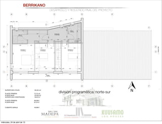 BERRIKANO
DESARROLLO Y RESULTADO FINAL DEL PROYECTO
SUPERFICIES ÚTILES:
 193,30 m2
PLANTA PRIMERA	 72,70 m2
PLANTA BAJA	 120,59 m2
SUPERFICIES CONSTRUIDAS 	 193,07m2
PLANTA PRIMERA	 96,06m2
PLANTA BAJA 	 97,01m2
CUBIERTA GARAJE 	 49,99m2
A
A
B
B
C
C
D
D
E
E
F
F
1 1
2' 2'
2 2
AlzadoEste
0,94
0,34
0,60 1,32
3,00
1,002,38
1,102,99
0,92
0,38 0,35 0,60 4,55
1,88
0,60
1,09
0,60
1,441,105,92
0,38 10,65 0,38
0,07 2,40 1,54 2,40 1,33 2,40
8,46
11,41
0,51 2,40
3,00
2,40
0,60
2,00 1,00 1,00 2,00
0,92
1,12 0,90 1,12
0,170,89
1,25
0,60
0,58
0,42
0,74
0,97
0,39
0,60
0,09 0,500,07 2,40
Distribuidor
A: 10,17 m2
Terraza
A: 10,05 m2
Dormitorio 3
A: 13,23 m2
Dormitorio 2
A: 13,19 m2
Baño 2
A: 5,30 m2
Baño 2
A: 4,73 m2
Dormitorio 1
A: 19,73 m2
16x0,18=2,92
1
2
3
4
5
6
7
8
9
10
11
12
13
14
15
4,431,99
4,330,552,68
0,12
0,90 0,12 0,09
A B C D E F
nta primera 1:50
a baja 1:50
RFICIES ÚTILES
 193,300m2
TA PRIMERA
 72,704m2
RIBUIDOR
 10,172m2
1
 4,730m
2
 5,200m2
MITORIO 1
 19.730m2
MITORIO 2
 13,620m2
MITORIO 3
 13,702m2
AZA 
 5,027m2
PLANTA BAJA 
 120,596m2
LAVADERO 
 7,127m2
COCINA 
 14,745m2
VESTÍBULO
 9,236m2
ASEO 
 3,814m2
C.CALDERAS
 4,782m2
SALÓN
 37,472m2
GARAJE 
 27,525m2
PORCHE 1
 18,685m2
PORCHE 2
 10,970m2
SUPERFICIES CONSTRUIDAS 
 193,07m2
PLANTA PRIMERA
 96,06m2
PLANTA BAJA 
 97,01m2
CUBIERTA GARAJE 
 49,99m2
división programática: norte-sur
miércoles, 24 de abril de 13
 