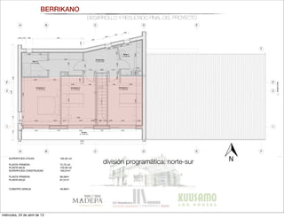 BERRIKANO
DESARROLLO Y RESULTADO FINAL DEL PROYECTO
SUPERFICIES ÚTILES:
 193,30 m2
PLANTA PRIMERA	 72,70 m2
PLANTA BAJA	 120,59 m2
SUPERFICIES CONSTRUIDAS 	 193,07m2
PLANTA PRIMERA	 96,06m2
PLANTA BAJA 	 97,01m2
CUBIERTA GARAJE 	 49,99m2
A
A
B
B
C
C
D
D
E
E
F
F
1 1
2' 2'
2 2
AlzadoEste
0,94
0,34
0,60 1,32
3,00
1,002,38
1,102,99
0,92
0,38 0,35 0,60 4,55
1,88
0,60
1,09
0,60
1,441,105,92
0,38 10,65 0,38
0,07 2,40 1,54 2,40 1,33 2,40
8,46
11,41
0,51 2,40
3,00
2,40
0,60
2,00 1,00 1,00 2,00
0,92
1,12 0,90 1,12
0,170,89
1,25
0,60
0,58
0,42
0,74
0,97
0,39
0,60
0,09 0,500,07 2,40
Distribuidor
A: 10,17 m2
Terraza
A: 10,05 m2
Dormitorio 3
A: 13,23 m2
Dormitorio 2
A: 13,19 m2
Baño 2
A: 5,30 m2
Baño 2
A: 4,73 m2
Dormitorio 1
A: 19,73 m2
16x0,18=2,92
1
2
3
4
5
6
7
8
9
10
11
12
13
14
15
4,431,99
4,330,552,68
0,12
0,90 0,12 0,09
A B C D E F
nta primera 1:50
a baja 1:50
RFICIES ÚTILES
 193,300m2
TA PRIMERA
 72,704m2
RIBUIDOR
 10,172m2
1
 4,730m
2
 5,200m2
MITORIO 1
 19.730m2
MITORIO 2
 13,620m2
MITORIO 3
 13,702m2
AZA 
 5,027m2
PLANTA BAJA 
 120,596m2
LAVADERO 
 7,127m2
COCINA 
 14,745m2
VESTÍBULO
 9,236m2
ASEO 
 3,814m2
C.CALDERAS
 4,782m2
SALÓN
 37,472m2
GARAJE 
 27,525m2
PORCHE 1
 18,685m2
PORCHE 2
 10,970m2
SUPERFICIES CONSTRUIDAS 
 193,07m2
PLANTA PRIMERA
 96,06m2
PLANTA BAJA 
 97,01m2
CUBIERTA GARAJE 
 49,99m2
división programática: norte-sur
miércoles, 24 de abril de 13
 