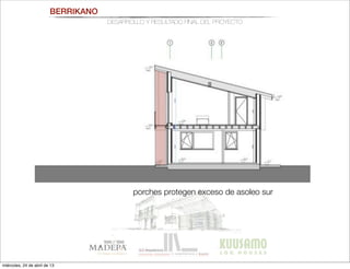 BERRIKANO
DESARROLLO Y RESULTADO FINAL DEL PROYECTO
porches protegen exceso de asoleo sur
miércoles, 24 de abril de 13
 