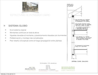 SISTEMA GLOBO
© infomadera + G.E. arquitectura
Es el sistema original
Montantes contínuos en toda la altura
Viguetas clavadas al montante y posteriormente clazadas con durmientes
Prefabricación y montaje más complicados
Peor diseño conceptual contra el fuego (propagación entre plantas)
ESTRUCTURAS DE ENTRAMADO LIGERO
miércoles, 24 de abril de 13
 