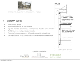 SISTEMA GLOBO
© infomadera + G.E. arquitectura
Es el sistema original
Montantes contínuos en toda la altura
Viguetas clavadas al montante y posteriormente clazadas con durmientes
Prefabricación y montaje más complicados
Peor diseño conceptual contra el fuego (propagación entre plantas)
Se deben levantar todos los entramados perimetrales simultaneamente
ESTRUCTURAS DE ENTRAMADO LIGERO
miércoles, 24 de abril de 13
 