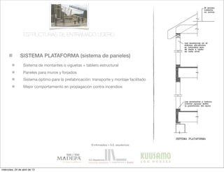 SISTEMA PLATAFORMA (sistema de paneles)
© infomadera + G.E. arquitectura
Sistema de montantes o viguetas + tablero estructural
Paneles para muros y forjados
Sistema óptimo para la prefabricación: transporte y montaje facilitado
Mejor comportamiento en propagación contra incendios
ESTRUCTURAS DE ENTRAMADO LIGERO
miércoles, 24 de abril de 13
 
