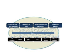 Alimentación
no saludable
Inactividad
física
Consumo nocivo
de alcohol
Consumo
tabaco
Enf
cardiovasc
Enf
cardiovasc CáncerCáncer DM IIDM II EPOCEPOC Salud
Mental
Salud
Mental
Enf musc-
esqueletic
Enf musc-
esqueletic
Estrés
5
 