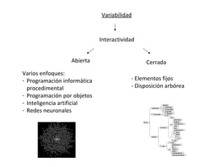 Variabilidad


                             Interactividad


                  Abierta                     Cerrada
Varios enfoques:
- Programación informática               - Elementos fijos
  procedimental                          - Disposición arbórea
- Programación por objetos
- Inteligencia artificial
- Redes neuronales
 