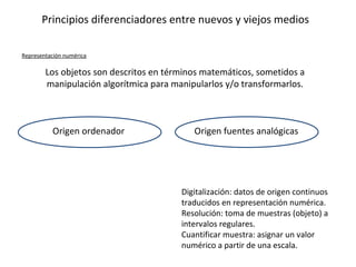 Principios diferenciadores entre nuevos y viejos medios

Representación numérica

        Los objetos son descritos en términos matemáticos, sometidos a
        manipulación algorítmica para manipularlos y/o transformarlos.



          Origen ordenador                 Origen fuentes analógicas




                                        Digitalización: datos de origen continuos
                                        traducidos en representación numérica.
                                        Resolución: toma de muestras (objeto) a
                                        intervalos regulares.
                                        Cuantificar muestra: asignar un valor
                                        numérico a partir de una escala.
 