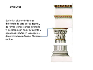 CORINTIO
Es similar al jónico y sólo se
diferencia de este por su capitel,
de forma tronco-cónica invertida
y decorado con hojas de acanto y
pequeñas volutas en los ángulos,
denominadas caulículos. El ábaco
es fino.
 