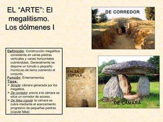 EL “ARTE”: ElEL “ARTE”: El
megalitismo.megalitismo.
Los dólmenes ILos dólmenes I
Definición: Construcción megalítica
consistente en varias piedras
verticales y varias horizontales
cubriéndolas. Generalmente se
dispone un túmulo o pequeño
montículo de tierra cubriendo el
conjunto.
Función: Enterramientos.
Tipos:
 Simple: cámara generada por los
megalitos.
 De corredor: previa a la cámara se
sitúa un corredor de acceso.
 De falsa cúpula: la cámara se
cubre mediante el acercamiento
progresivo de pequeñas piedras
(cúpula falsa)
DE CORREDOR
DE CÁMARA
FALSA
CÚPULA
 