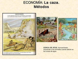 ECONOMÍA:ECONOMÍA: La caza.La caza.
MétodosMétodos
CERCA DE RÍOS: Aprovechando
sorprender a los animales cuando bebían en
los cursos de agua.
 