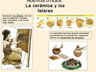 NUEVOS ÚTILESNUEVOS ÚTILES::
La cerámica y losLa cerámica y los
telarestelares
La actividad agrícola generó necesidad
de almacenar la producción. Aparecen
ahora los recipientes de cerámica.
Aparecen los telares, con los
que se elaboran vestidos
más complejos y de forma
más rápida.
 