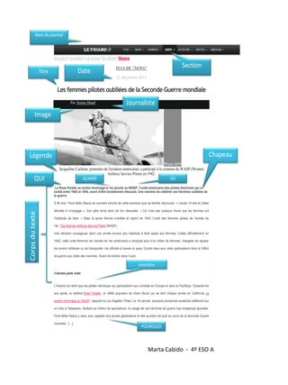 Nom du journal

Accueil / Société / Le mag / En Bref / News

Date

Titre

Section

PLUS DE "NEWS"
23 décembre 2013

Les femmes pilotes oubliées de la Seconde Guerre mondiale
Par Assma Maad

Journaliste

Image

Chapeau

Légende
QUI

Photo AFP
Jacqueline Cochran, pionnière de l'aviation américaine, a participé à la création du WASP (Women
Airforce Service Pilots) en 1942.

QUAND

OÙ

La Rose Parade va rendre hommage le 1er janvier au WASP, l’unité américaine des pilotes féminines qui a
existé entre 1942 et 1944, avant d’être brutalement dissoute. Une manière de célébrer ces héroïnes oubliées de
la guerre.

Corps du texte

À 80 ans, Flora Belle Reece se souvient encore de cette aventure que sa famille réprouvait. « J’avais 19 ans et j’étais
décidée à m’engager ». Son père tente alors de l'en dissuader. « Ce n’est pas quelque chose que les femmes ont
l’habitude de faire. » Mais la jeune femme s’entête et rejoint en 1943 l’unité des femmes pilotes de l’armée de
l’air, The Women Airforce Service Pilots (WASP).
Une décision courageuse dans une armée encore peu habituée à faire appel aux femmes. Créée officiellement en
1942, cette unité féminine de l’armée de l’air américaine a employé plus d’un millier de femmes, chargées de réparer
les avions militaires ou de transporter les officiels à travers le pays. Durant deux ans, elles participèrent donc à l’effort
de guerre aux côtés des hommes. Avant de tomber dans l’oubli.

Intertitre
J'aimais juste voler

L’histoire ne retint que les pilotes héroïques qui participèrent aux combats en Europe et dans le Pacifique. Soixante-dix
ans après, la célèbre Rose Parade, un défilé populaire de chars fleuris qui se tient chaque année en Californie, va
rendre hommage au WASP, rapporte le Los Angeles Times. Le 1er janvier, plusieurs anciennes aviatrices défileront sur
un char à Pasadena, révélant au million de spectateurs, le visage de ces héroïnes de guerre trop longtemps ignorées.
Flora Belle Reece y sera, pour rappeler aux jeunes générations le rôle qu’elles ont joué au cours de la Seconde Guerre
mondiale. […]

POURQUOI

Marta Cabido - 4º ESO A

 