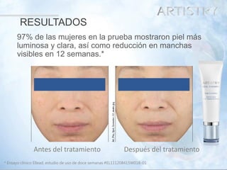32 
97% de las mujeres en la prueba mostraron piel más luminosa y clara, así como reducción en manchas visibles en 12 semanas.* 
Antes del tratamiento 
Después del tratamiento 
* Ensayo clínico Ellead, estudio de uso de doce semanas #EL111208415W018-01 
RESULTADOS  