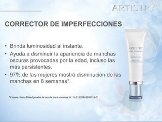 37 
CORRECTOR DE IMPERFECCIONES 
•Brinda luminosidad al instante. 
•Ayuda a disminuir la apariencia de manchas oscuras provocadas por la edad, incluso las más persistentes. 
•97% de las mujeres mostró disminución de las manchas en 8 semanas*. 
*Ensayo clínico Ellead prueba de uso de doce semanas #: EL‐111208415W018‐01  