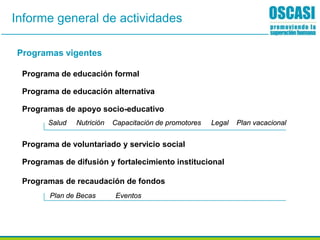 Informe general de actividades
Programas vigentes
Programa de educación formal
Programa de educación alternativa
Programas de apoyo socio-educativo
Programas de difusión y fortalecimiento institucional
Programa de voluntariado y servicio social
Programas de recaudación de fondos
Salud Nutrición Capacitación de promotores Legal Plan vacacional
Plan de Becas Eventos
 