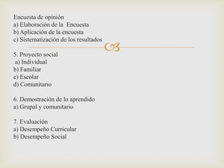 Encuesta de opinión
a) Elaboración de la Encuesta
b) Aplicación de la encuesta

                                       
c) Sistematización de los resultados

5. Proyecto social
 a) Individual
b) Familiar
c) Escolar
d) Comunitario

6. Demostración de lo aprendido
a) Grupal y comunitario

7. Evaluación
a) Desempeño Curricular
b) Desempeño Social
 