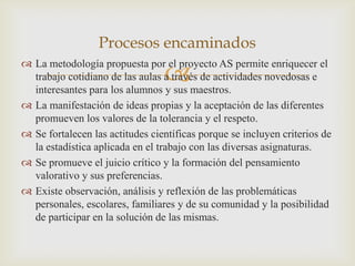 Procesos encaminados
 La metodología propuesta por el proyecto AS permite enriquecer el
                                 
  trabajo cotidiano de las aulas a través de actividades novedosas e
  interesantes para los alumnos y sus maestros.
 La manifestación de ideas propias y la aceptación de las diferentes
  promueven los valores de la tolerancia y el respeto.
 Se fortalecen las actitudes científicas porque se incluyen criterios de
  la estadística aplicada en el trabajo con las diversas asignaturas.
 Se promueve el juicio crítico y la formación del pensamiento
  valorativo y sus preferencias.
 Existe observación, análisis y reflexión de las problemáticas
  personales, escolares, familiares y de su comunidad y la posibilidad
  de participar en la solución de las mismas.
 