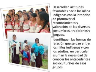 • Desarrollen actitudes
favorables hacia los niños
indígenas con la intención
de promover el
reconocimiento y
valoración de las diversas
costumbres, tradiciones y
lenguas.
• Identifiquen las formas de
relación que se dan entre
los niños indígenas y con
los adultos; en particular
asuman la necesidad de
conocer los antecedentes
socioculturales de esos
grupos.
 