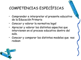 COMPETENCIAS ESPECÍFICAS
• Comprender e interpretar el presente educativo
de la Educación Primaria
• Conocer y valorar la normativa legal
• Apreciar y valorar los distintos aspectos que
intervienen en el proceso educativo dentro del
aula.
• Conocer y comparar los distintos modelos que nos
rodean

 