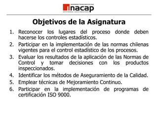 Objetivos de la AsignaturaReconocer los lugares del proceso donde deben hacerse los controles estadísticos.Participar en la implementación de las normas chilenas vigentes para el control estadístico de los procesos.Evaluar los resultados de la aplicación de las Normas de Control y tomar decisiones con los productos inspeccionados.Identificar los métodos de Aseguramiento de la Calidad.Emplear técnicas de Mejoramiento Continuo.Participar en la implementación de programas de certificación ISO 9000.