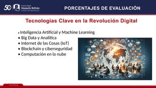 T Í T U L O
PORCENTAJES DE EVALUACIÓN
Tecnologías Clave en la Revolución Digital
• Inteligencia Artificial y Machine Learning
• Big Data y Analítica
• Internet de las Cosas (IoT)
• Blockchain y ciberseguridad
• Computación en la nube
 