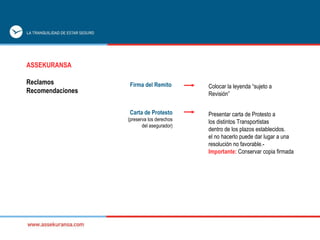 Firma del Remito Carta de Protesto (preserva los derechos del asegurador) Presentar carta de Protesto a  los distintos Transportistas  dentro de los plazos establecidos. el no hacerlo puede dar lugar a una  resolución no favorable.- Importante:  Conservar copia firmada Colocar la leyenda “sujeto a  Revisión” ASSEKURANSA Reclamos Recomendaciones 