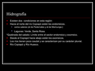 Hidrografía Existen dos  condiciones en esta región: Hacia el norte del río Copiapó están los endorreicos. varios salares (el de Pedernales y el de Maricunga.) Lagunas: Verde, Santa Rosa.   *Quebrada del salado: Límite entre el sector endorreico y exorreico. Desde el Copiapó hacia abajo están los exorreicos. Los ríos tienen poco caudal y se caracterizan por su carácter pluvial. Río Copiapó y Río Huasco. 
