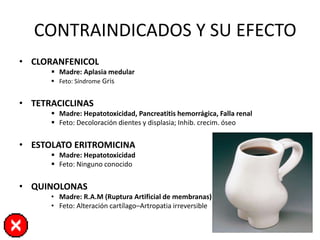 CONTRAINDICADOS Y SU EFECTO 
• CLORANFENICOL 
 Madre: Aplasia medular 
 Feto: Síndrome Gris 
• TETRACICLINAS 
 Madre: Hepatotoxicidad, Pancreatitis hemorrágica, Falla renal 
 Feto: Decoloración dientes y displasia; Inhib. crecim. óseo 
• ESTOLATO ERITROMICINA 
 Madre: Hepatotoxicidad 
 Feto: Ninguno conocido 
• QUINOLONAS 
• Madre: R.A.M (Ruptura Artificial de membranas) 
• Feto: Alteración cartílago–Artropatia irreversible 
 
